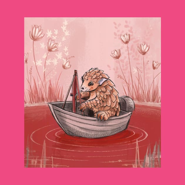 AI generated floral lake Pangolin on boat by Catbrat