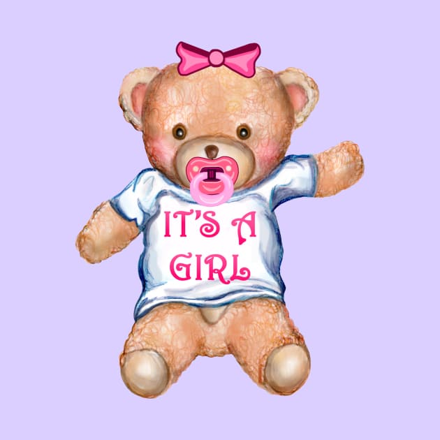 It's A Girl Teddy Bear with Pacifier by Art by Deborah Camp