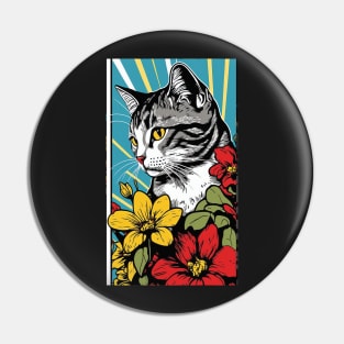 American Shorthair Cat Vibrant Tropical Flower Tall Retro Vintage Digital Pop Art Portrait 4 Pin