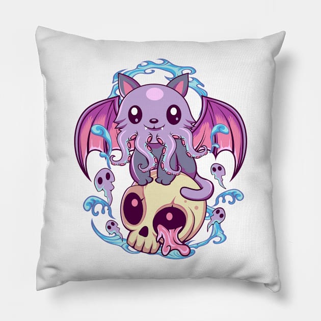 Skull Cat  Octopus Kawaii Gothic Pillow by DionArts