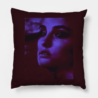 Portrait, digital collage and special processing. Woman. Like in night dreams. Violet. Pillow