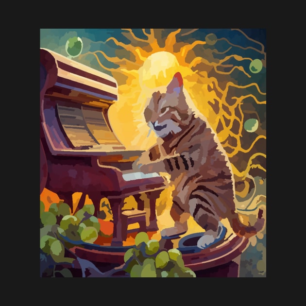 cat playing piano with grapes by Catbrat