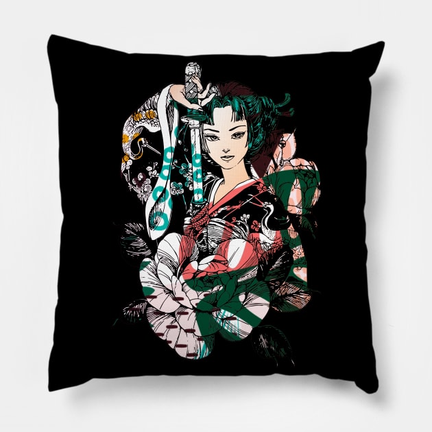 Japanese Geisha Sword Samurai Warrior 114 Pillow by dvongart