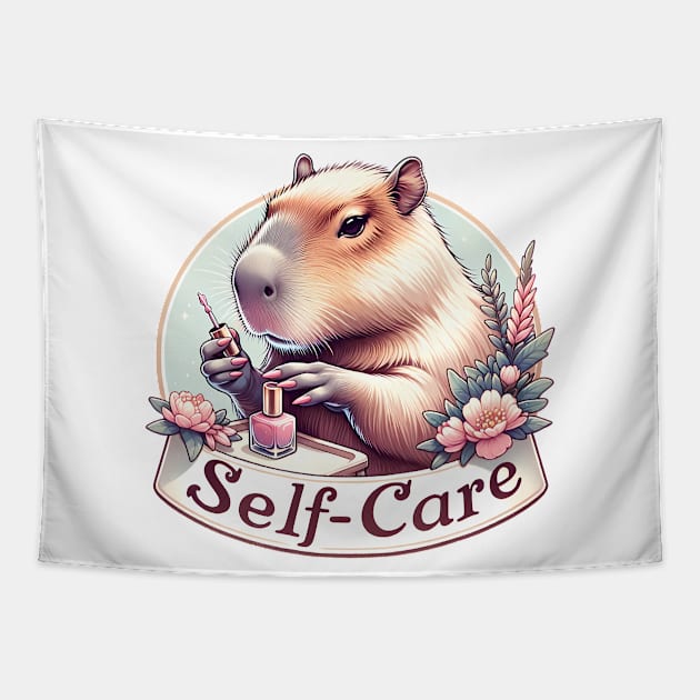 Self-care Capybara Painting Nails Tapestry by TheCloakedOak