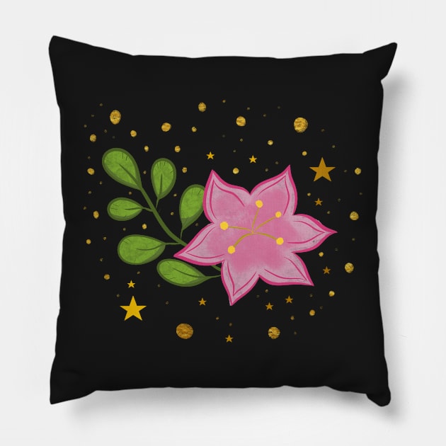 Floral arrangement pink flower with stars and golden sparkles Pillow by AnabellaCor94