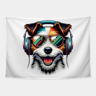 Parson Russell Terrier as Smiling DJ with Headphones and Sunglasses Tapestry