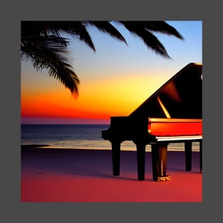 A Piano Sitting On The Beach At Sunset With A Palm Tree Near It. T-Shirt