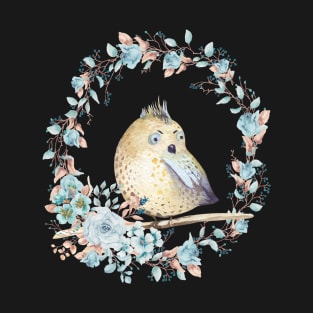 Yellow bird in turquoise floral wreath, feminine design T-Shirt