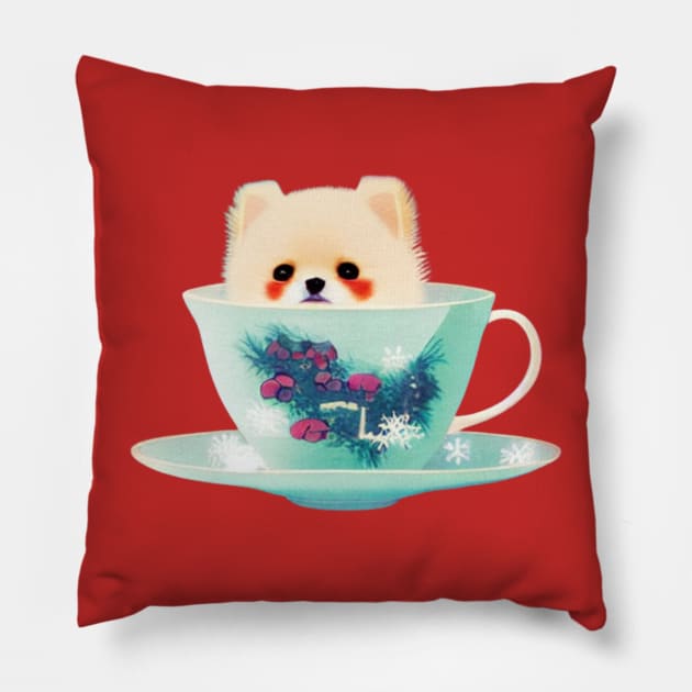 Adorable Teacup Pomeranian Dog White Pomeranian Puppy in Teacup Pillow by Mochabonk