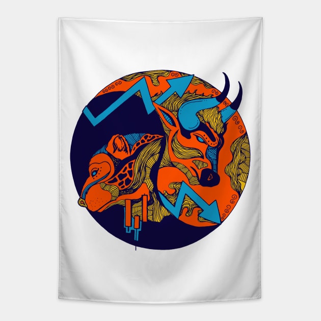 Orange Blue Bull and Bear Tapestry by kenallouis