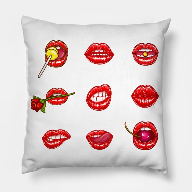 Hot red Lips Mood Mouths Bite Tongue Out Smile Smirk Kiss Pillow by AbirAbd