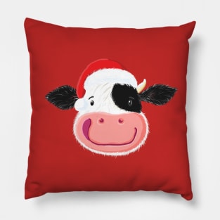 Happy Little Holstein Cow Wears A Christmas Santa Hat Pillow