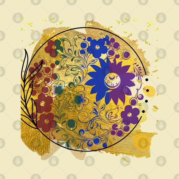 Multicoloured Floral motif mandala design illustration with gold paint splatter and confetti by Haze and Jovial