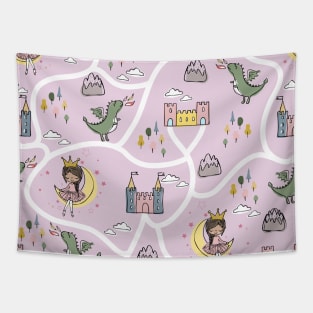 Childish seamless pattern with princess and dragon pink background Tapestry