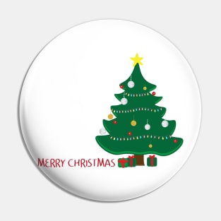 Decorated Christmas tree, Green and Red gifts and merry christmas greeting on white background Pin