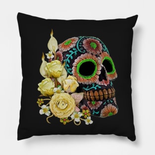 Yellow Floral Black Sugar Skull Day Of The Dead Pillow