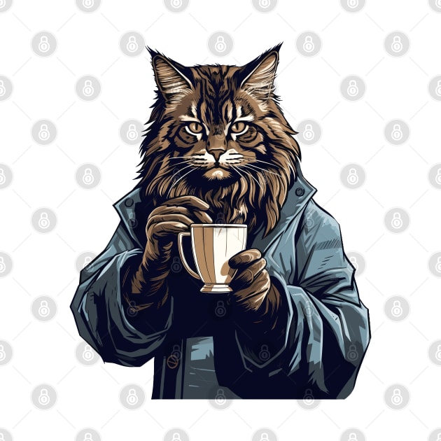 Maine Coon Cat Drinking Coffee by Graceful Designs