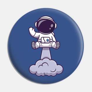 Astronaut Launching On Space And Waving Hand Cartoon Pin