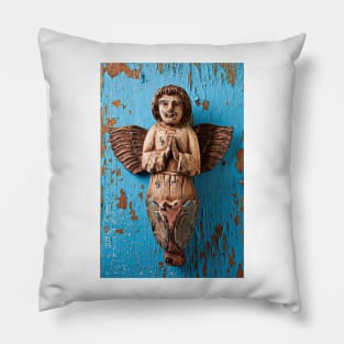 Angel on blue wooden wall Pillow