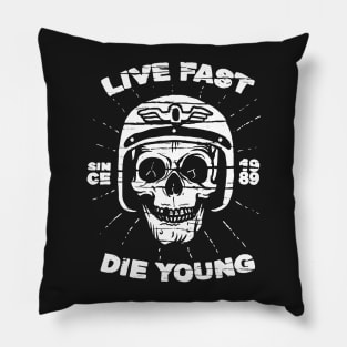 Live Fast Die Young Motorcycle Rider Skull Pillow