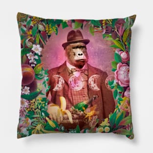 Gentleman gorilla fruit and flowers vintage card Pillow