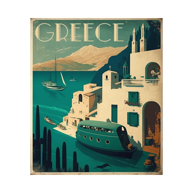 Greece Coastal Town Vintage Travel Art Poster by OldTravelArt