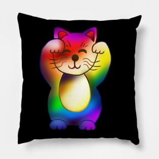 Two paws up rainbow maneki neko lucky cat Pillow