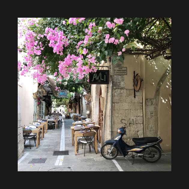 Greek street with pink blossom by Melissa Peltenburg Travel Photography