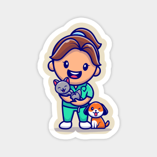 Cute Girl With Cat And Dog Cartoon Magnet