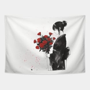 A Monochrome Moment with Scarlet Blooms Tapestry