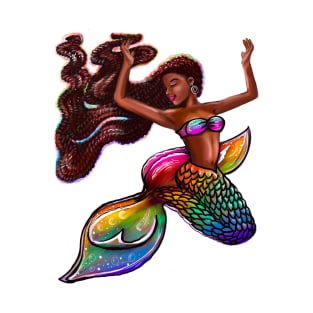 mermaid rainbow fins flowing red locs Afro hair and brown skin. African American Mermaids T-Shirt