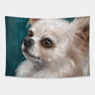 Cute Furry White and Brown Chihuahua on Dark Green Background Tapestry