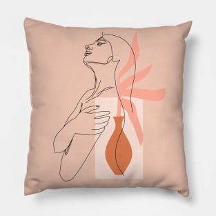 Trendy one line woman body. Girl hugs herself. Female poster. Pillow