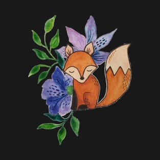 Little Fox and Floral Pattern in Gouache T-Shirt