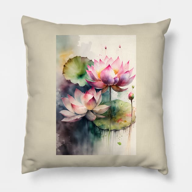 Lotus Watercolor Background Pillow by bellofraya