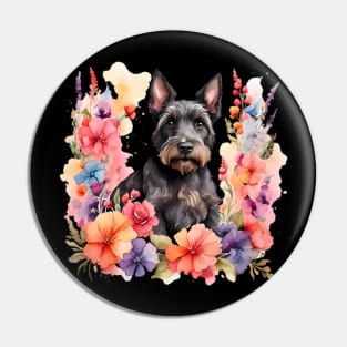 A scottish terrier decorated with beautiful watercolor flowers Pin