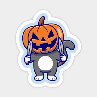 Cute Cat Wearing Pumpkin Halloween with Knife Cartoon Magnet