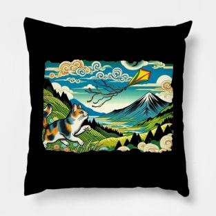 Vintage Japanese Art Kite Flying Mountain Mt. Fuji Cute Cat Pillow