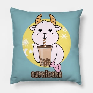 Capricorn Chibi Drinking bubble tea Zodiac Art Pillow