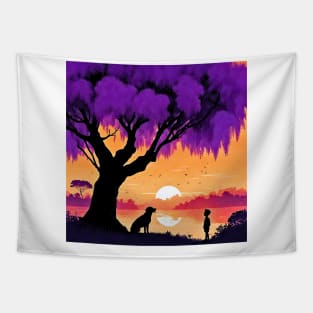 Boy and Best Pal Dog Under Jacaranda Tree Tapestry