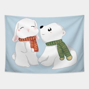 Bear Bunny Winter Couple _ Bunniesmee Christmas Edition Tapestry