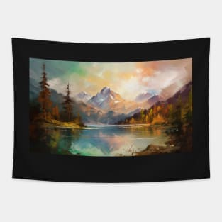 Majestic Peaks and Serene Lakes: A Vibrant Mountain Landscape Oil Painting #4 Tapestry