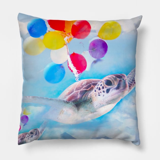 Cute Turtle Flying With Balloons Pillow by Random Galaxy