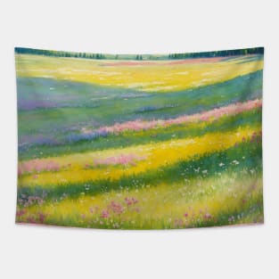 Slanted Watercolor Spring Hill with Pink Flowers Tapestry