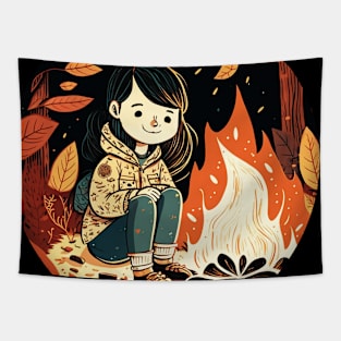 Girl Camping in the Woods, Campfire Tapestry