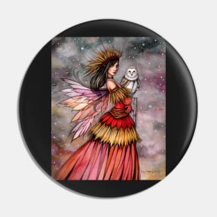 Quiet Ember Fairy and Owl Fantasy Art Pin