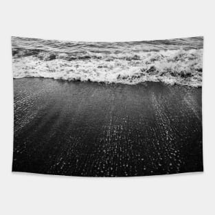 Dramatic Ocean Waves Crashing on Sandy Beach, Black and White Tapestry