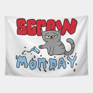 Screw Monday Funny Cat Illustration Tapestry