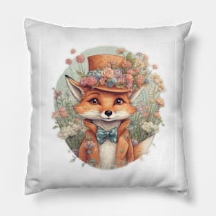 cute little fox wearing a hat and a bow tie Pillow