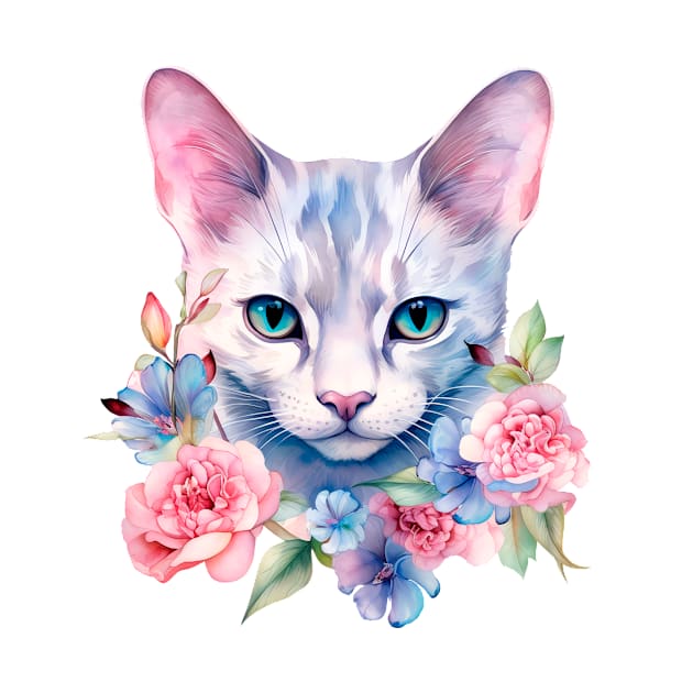 Watercolor romantic cat in flowers by ananastya